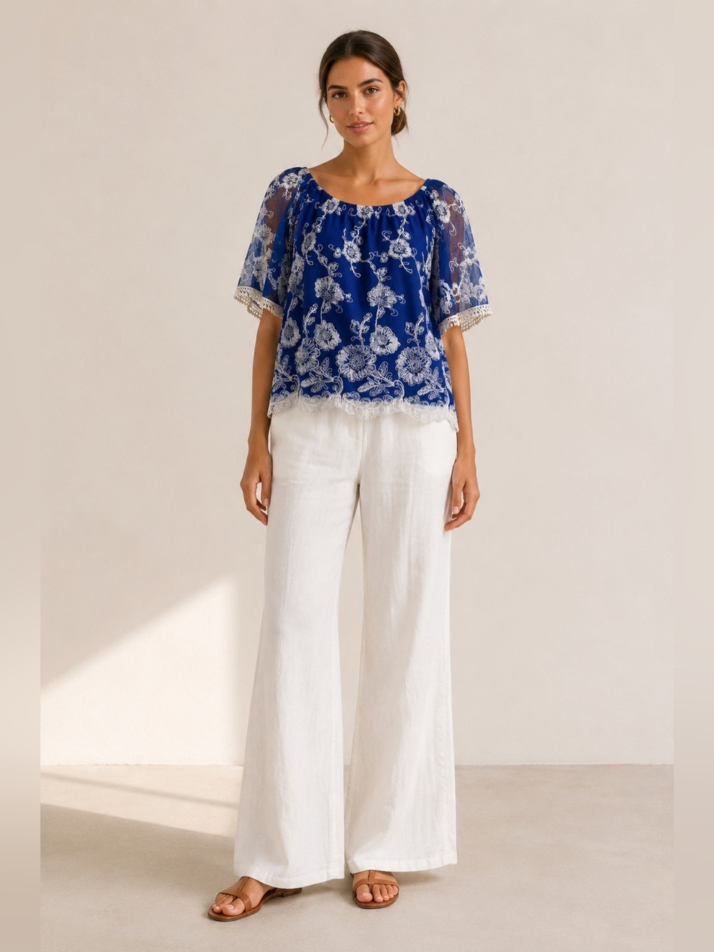 Lovers + Friends cobalt blue sheer white floral embroidered top. XS